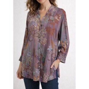 Tianello Rayon Boho Tunic Tapei Blouse Small Made USA Relaxed Button Front Top